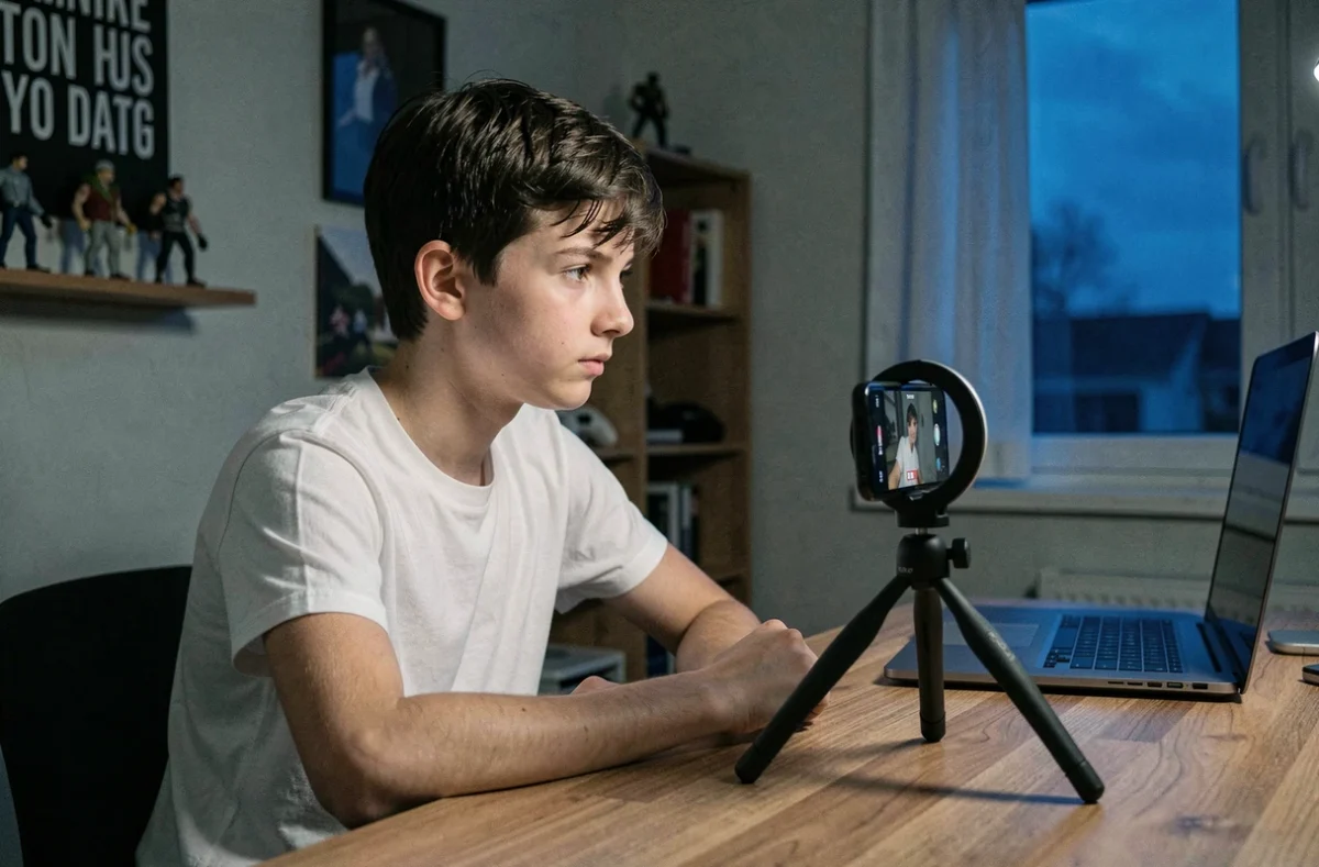 Jeune homme filmant une vidéo pour les réseaux sociaux dans sa chambre le soir, illustrant la culture du contenu chez les adolescents