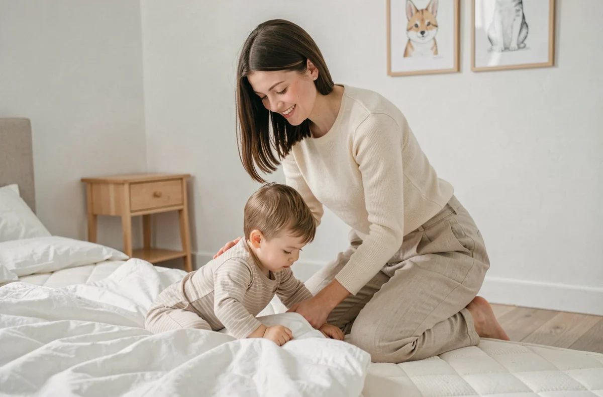 Maman installant son tout-petit dans un lit au sol dans une chambre minimaliste scandinave