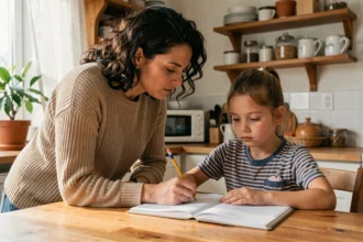 Mère aidant sa fille à faire ses devoirs à la table de cuisine