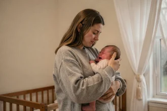 Jeune mère tenant tendrement son bébé qui pleure contre sa poitrine dans une chambre de bébé apaisante
