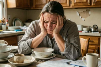 Mère épuisée assise à la table de cuisine, tête dans les mains, entourée de désordre, signe de burn-out parental