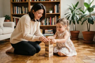 Mère et fille construisant une tour en bois ensemble dans un salon chaleureux, illustration de l'importance du lien parent-enfant