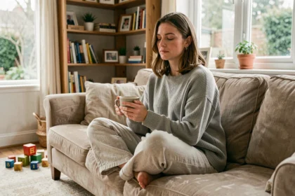 Mère épuisée se reposant sur un canapé avec une tasse de thé, jouets éparpillés au sol en arrière-plan