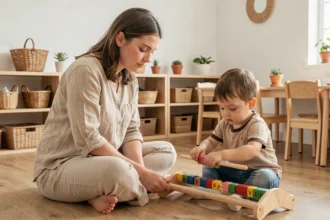 Éducatrice Montessori assise au sol avec un enfant manipulant des perles en bois colorées dans une salle de classe organisée