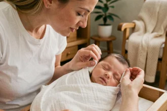 Mère nettoyant délicatement l'oreille de son nouveau-né avec un coton humide dans une chambre de bébé