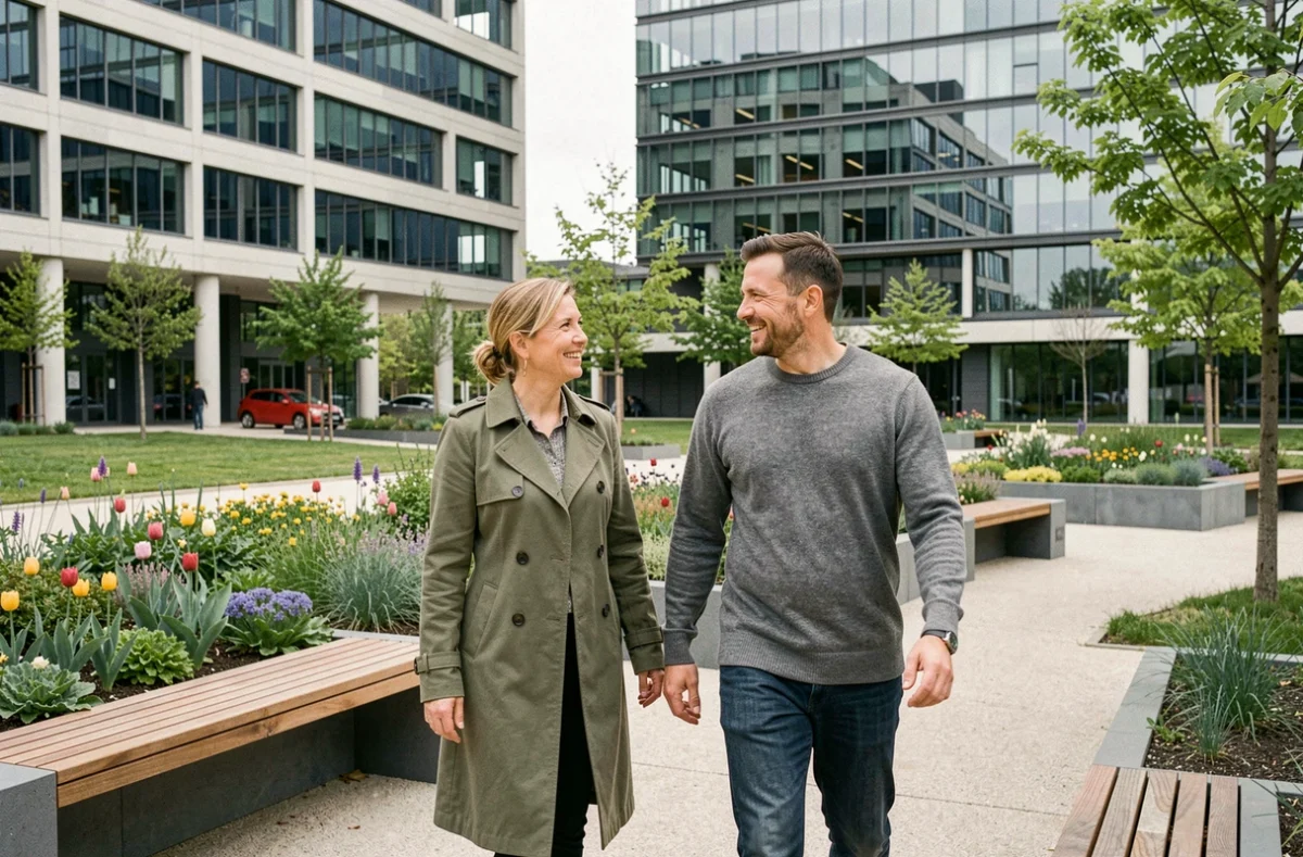 Deux amis se promenant dans un parc urbain moderne près de La Défense dans le 92
