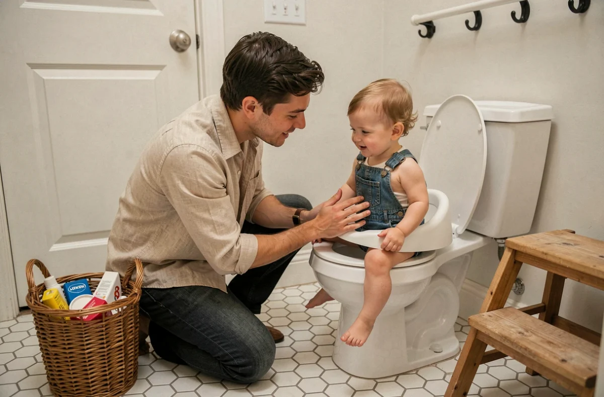 Parent accompagnant son enfant dans l'apprentissage de la propreté dans les toilettes avec un réducteur de siège adapté
