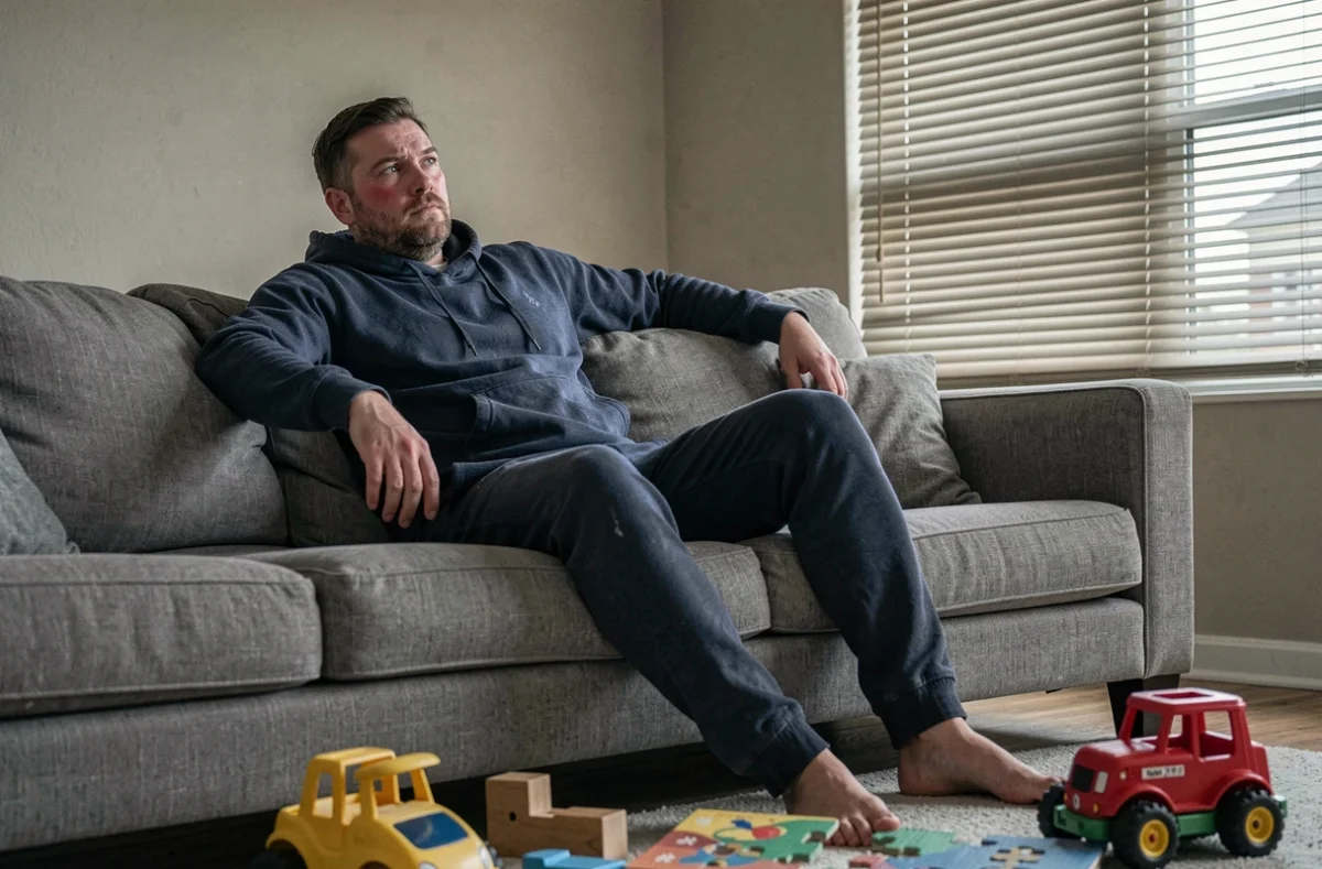 Père épuisé affalé sur le canapé du salon, regard vide, entouré de jouets d'enfants, illustrant le burn-out parental