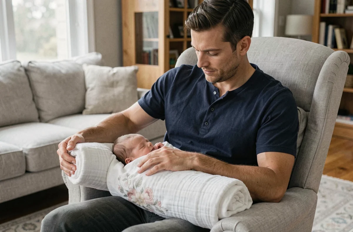 Père installant un cale-bébé en mousseline autour de son nouveau-né endormi sur ses genoux dans un salon cosy