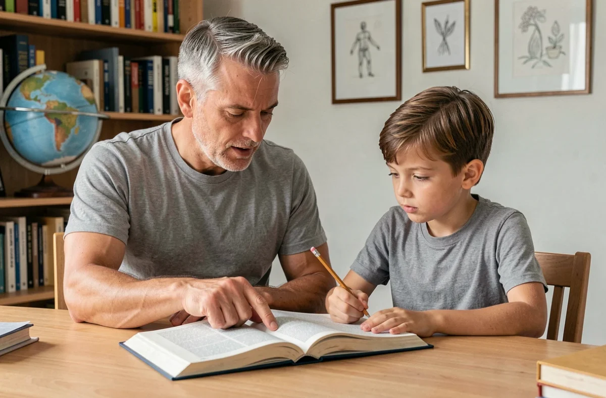Père expliquant une leçon à son fils devant un bureau d'étude à la maison