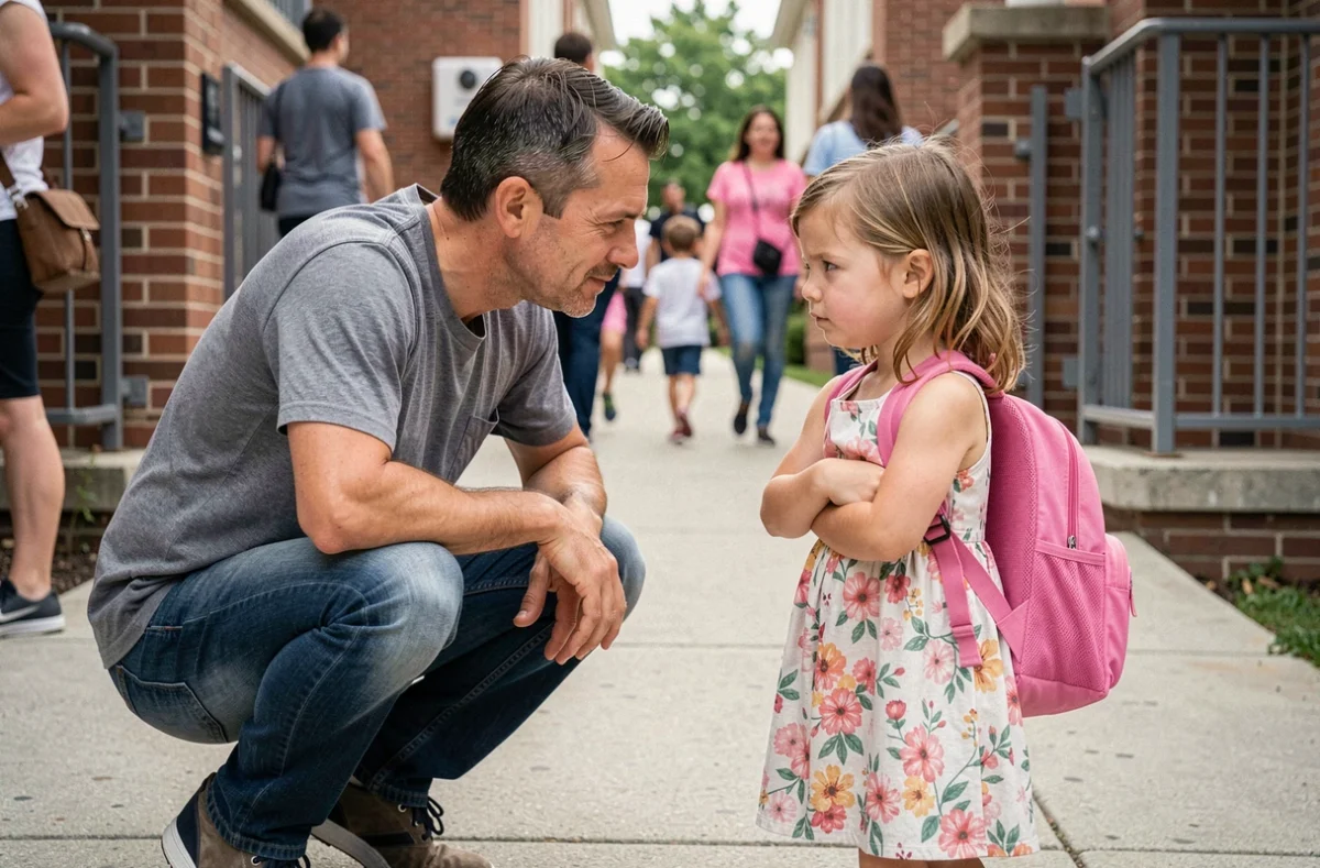 Père essayant de communiquer avec sa fille de 7 ans têtue devant l'école primaire
