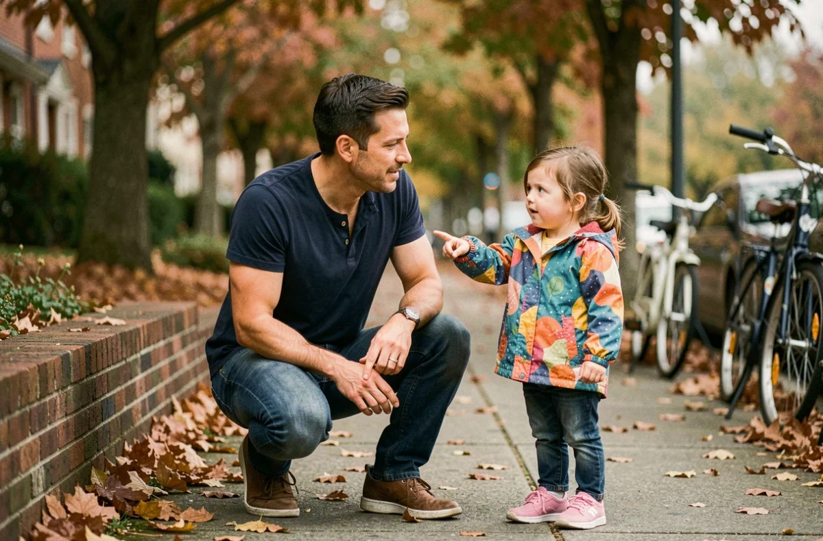 Père et fille discutant sur un trottoir en automne, représentant l'apprentissage des règles sociales au sein de la famille