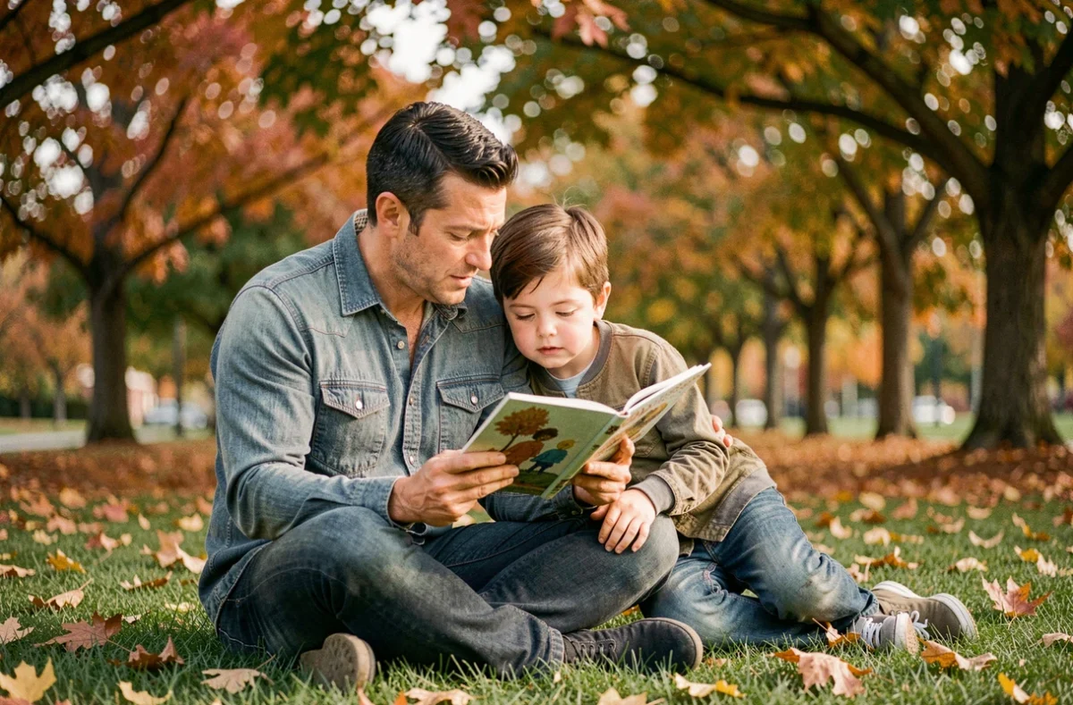 Père lisant un livre illustré à son fils dans un parc en automne, symbole de l'engagement parental et de l'éveil de l'enfant