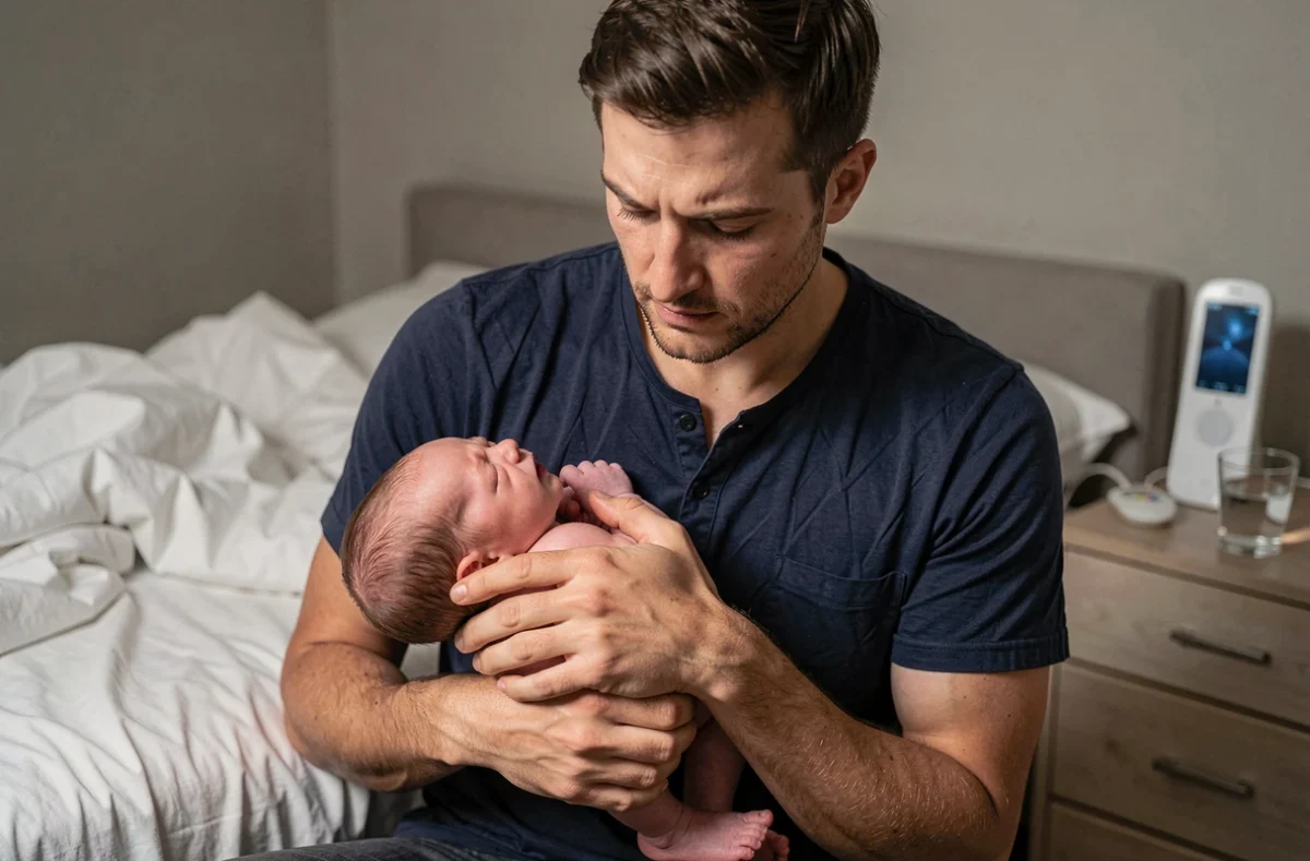 Père attentionné tenant son nouveau-né qui pleure dans ses bras la nuit dans une chambre parentale