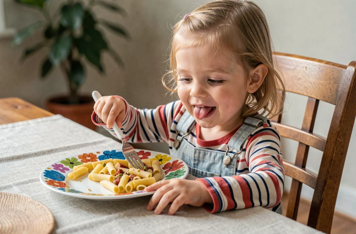 Petite fille de 3 à 4 ans mangeant des pâtes seule avec une fourchette à table, développement de l'autonomie à la cuillère et à la fourchette