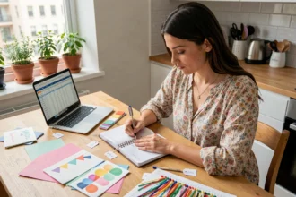 Femme planifiant le budget d'une fête avec un carnet et des décorations colorées sur une table de cuisine moderne