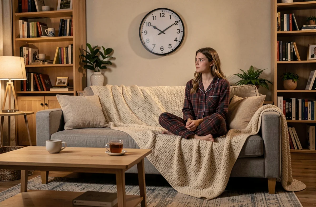 Jeune femme en pyjama sur un canapé le soir regardant l'heure sur une horloge murale, planifiant son heure de coucher pour se lever à 6h
