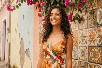 Jeune femme brésilienne souriante devant un mur coloré de Salvador de Bahia, illustrant la beauté des prénoms brésiliens féminins