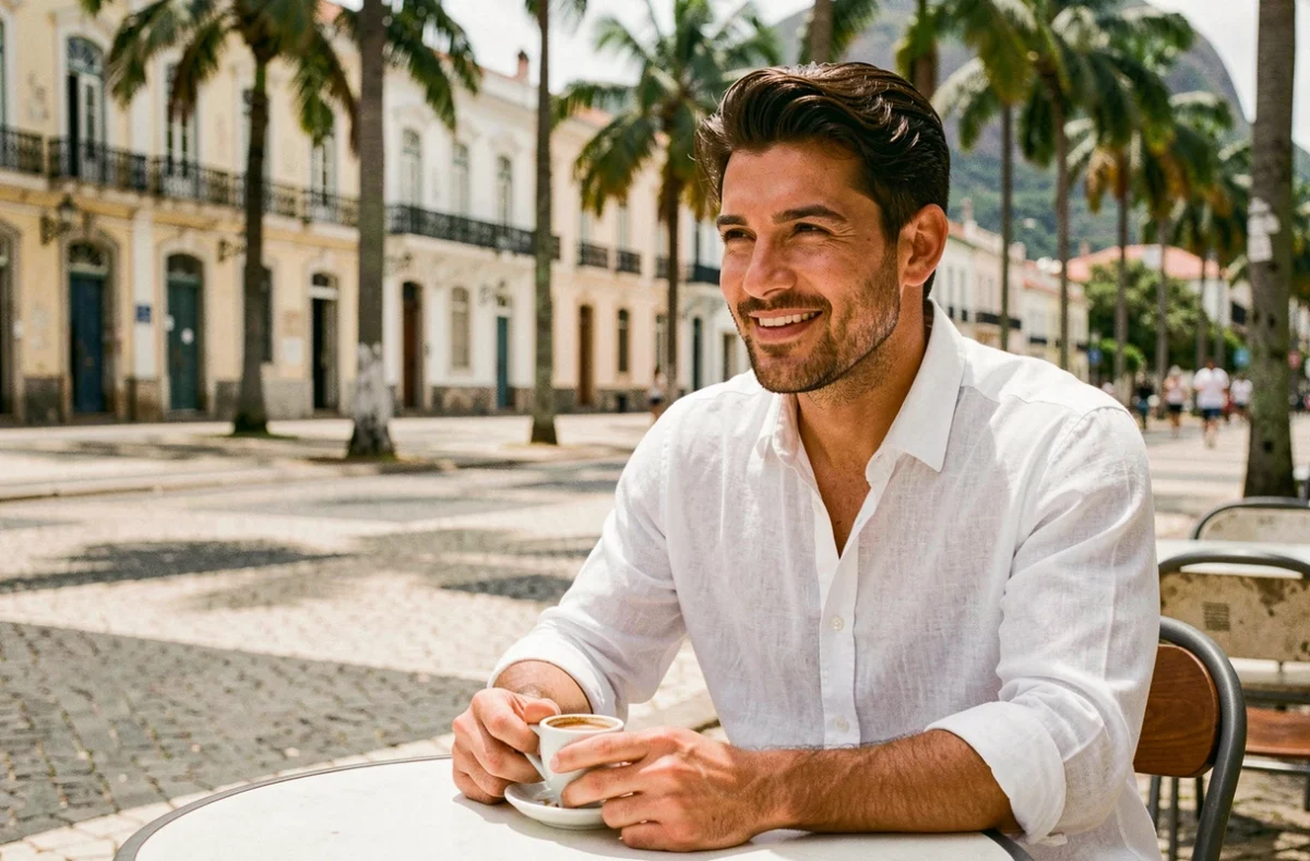 Homme brésilien détendu dans un café de Rio de Janeiro, évoquant les prénoms brésiliens masculins populaires