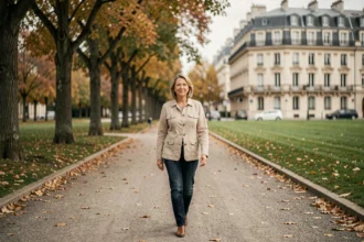 Femme se promenant sur une allée arborée dans un parc du département 92 en automne