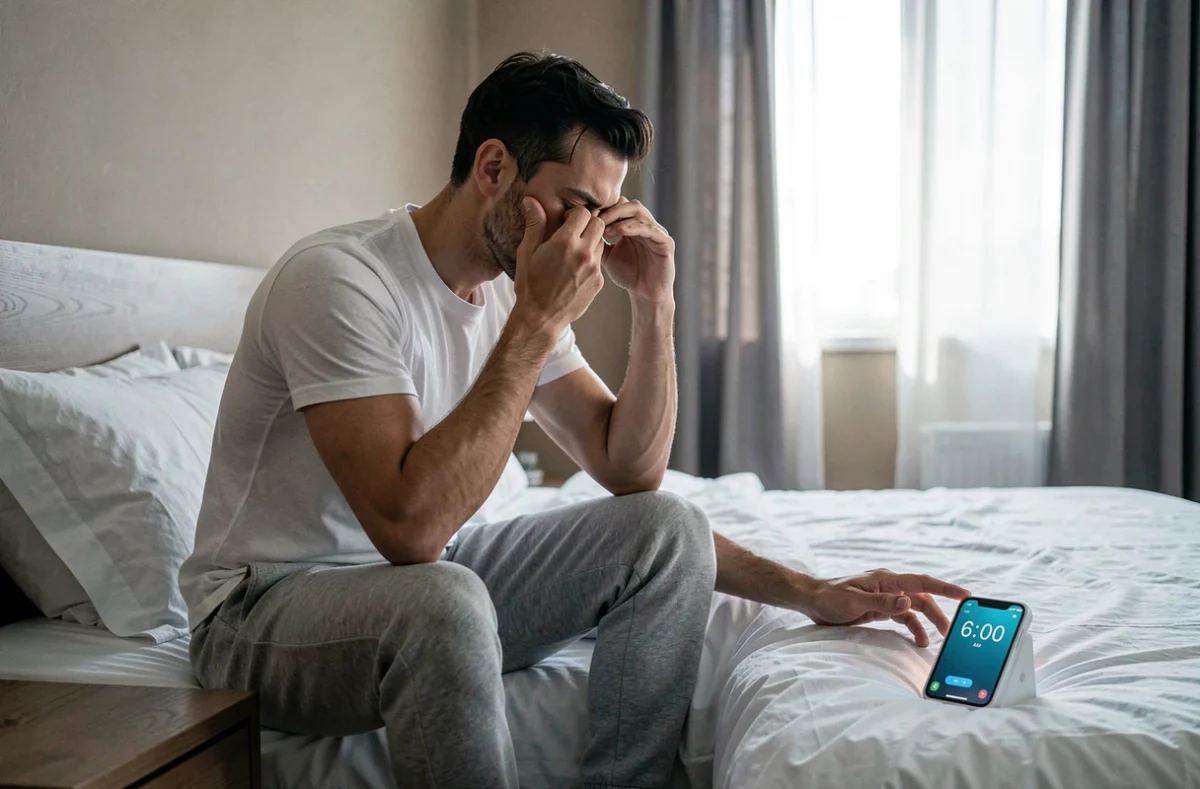 Homme se réveillant à 6h du matin sur le bord de son lit en regardant son téléphone, illustrant la routine de réveil matinal