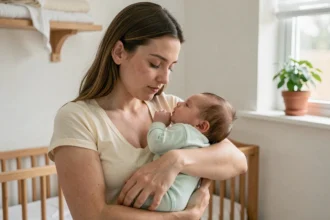 Mère tenant son bébé d'un mois contre elle dans une chambre de bébé apaisante, illustrant le rythme et les soins d'un nouveau-né