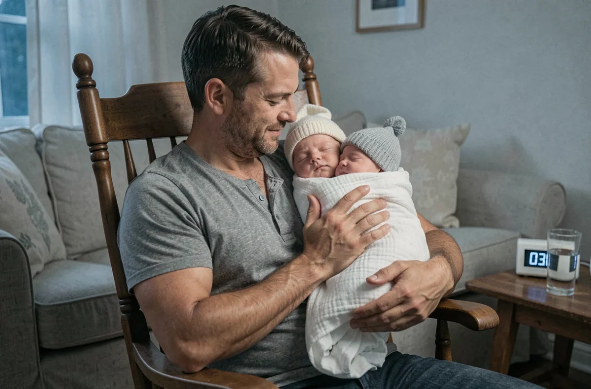 Père berçant son bébé de 1 mois la nuit dans un fauteuil à bascule, représentant le rythme nocturne et les réveils du nouveau-né