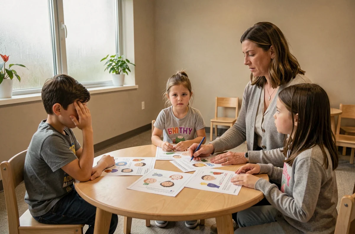 Séance de thérapie de groupe pour enfants en colère autour d'une table avec une thérapeute dans un centre pédiatrique