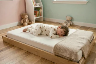 Tout-petit dormant paisiblement sur un lit au sol de type Montessori dans une chambre apaisante aux tons pastels