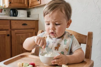 Tout-petit d'environ 18 mois mangeant seul avec une cuillère en silicone dans une chaise haute en bois, apprentissage de l'autonomie alimentaire