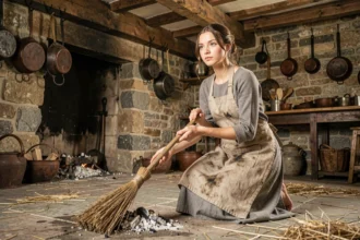 Jeune femme en tablier de lin usé balayant les cendres d'une cheminée en pierre dans une cuisine médiévale rustique, évoquant le personnage de Cendrillon