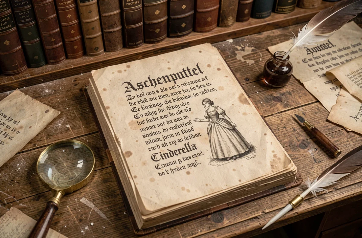 Livre ancien ouvert sur un bureau en chêne montrant les noms 'Aschenputtel' et 'Cinderella' en calligraphie gothique, illustrant l'origine du nom de Cendrillon