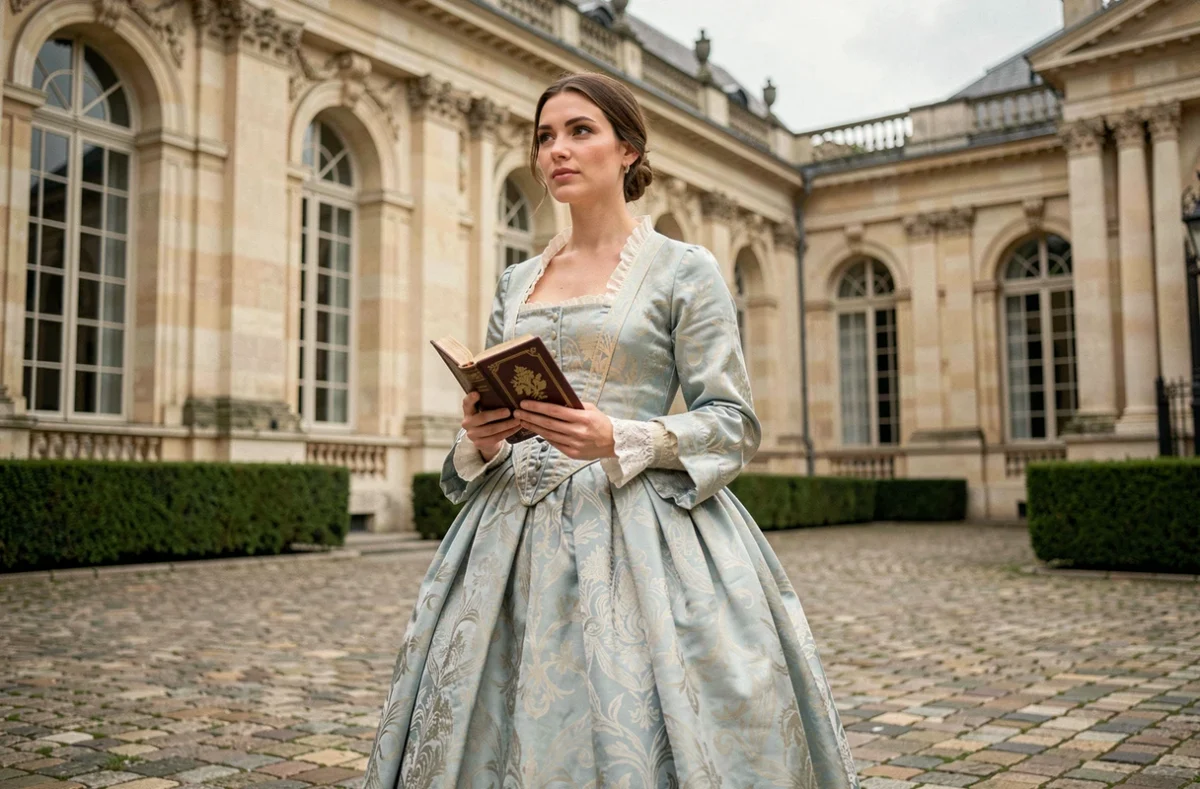 Femme en robe de cour française du XVIIe siècle tenant un livre de contes devant une façade de palais baroque, illustrant l'origine littéraire du nom de Cendrillon selon Charles Perrault